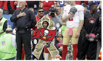 Former San Francisco 49ers Quarterback Colin Kaepernick kneels in protest of National Anthem BuccaneersFan Believes this Protest kneel would have been more effective and less controversal after each touchdown as a gester of overcoming adversity BuccaneersFan thanks ALL who have sacrificed to give individuals the ability to freely voice obisistion and our freedom to say Be Respectful and Use Commonsense