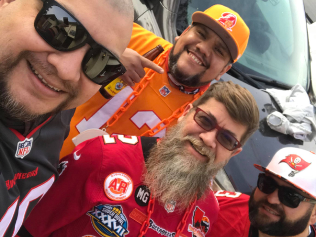 Art Oropeza from East Los Angeles, California Bucaholics God Father CA Captains Jay McElroy, Vance Enriquez and Orcar Barba in Northern California for Bucs vs Packers NFC Championship Game