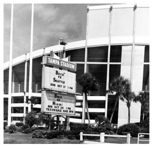 Tampa Stadium marquee at Dale Mabry Hwy. behind the west stands, 1976